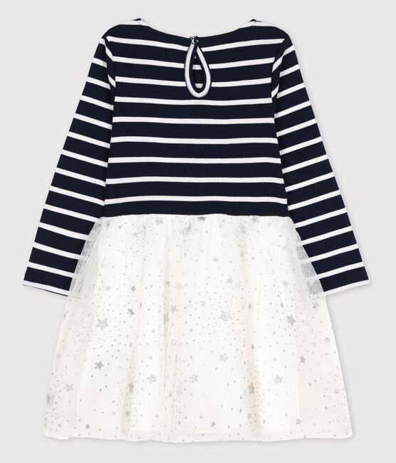 Vestido de manga larga de algodón y tul de niña azul SMOKING/blanco MARSHMALLOW