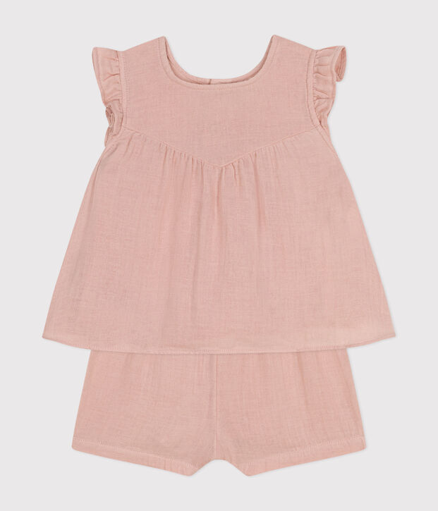 Conjunto de blusa y pantal&oacute;n corto de gasa de algod&oacute;n para beb&eacute; rosa
