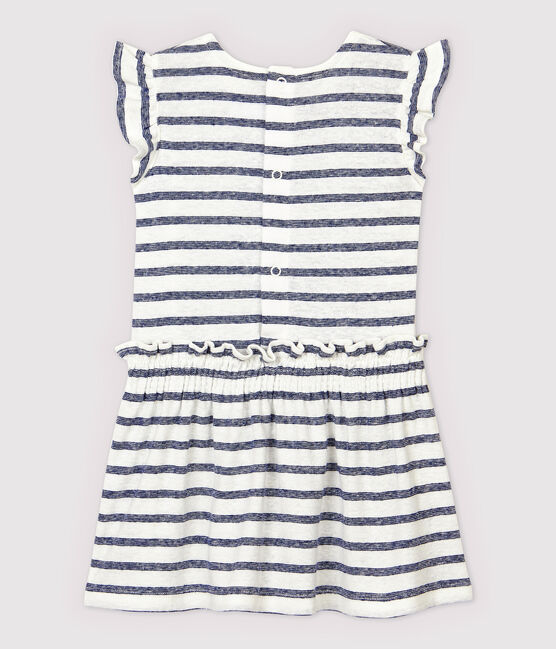 Vestido de manga corta de algodón/lino de rayas de bebé niña blanco MARSHMALLOW/azul MEDIEVAL