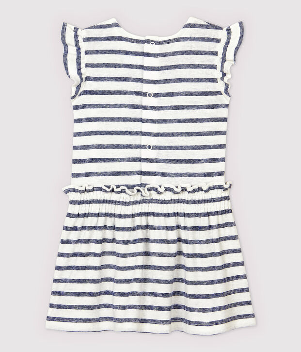 Vestido de manga corta de algod&oacute;n/lino de rayas de beb&eacute; ni&ntilde;a blanco/azul