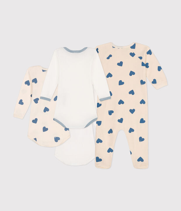 Estuche de pijama y 3 bodis con corazones azules para beb&eacute; multicolor