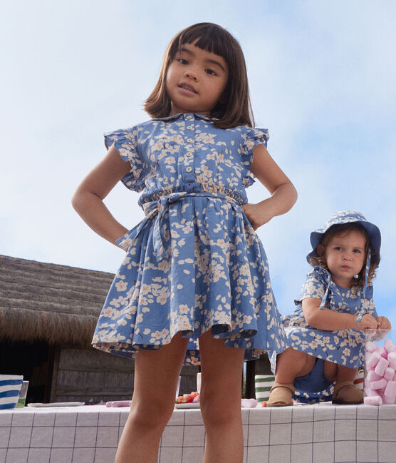 Vestido estampado de popelina sin mangas para niña azul BEACH/ MULTICO