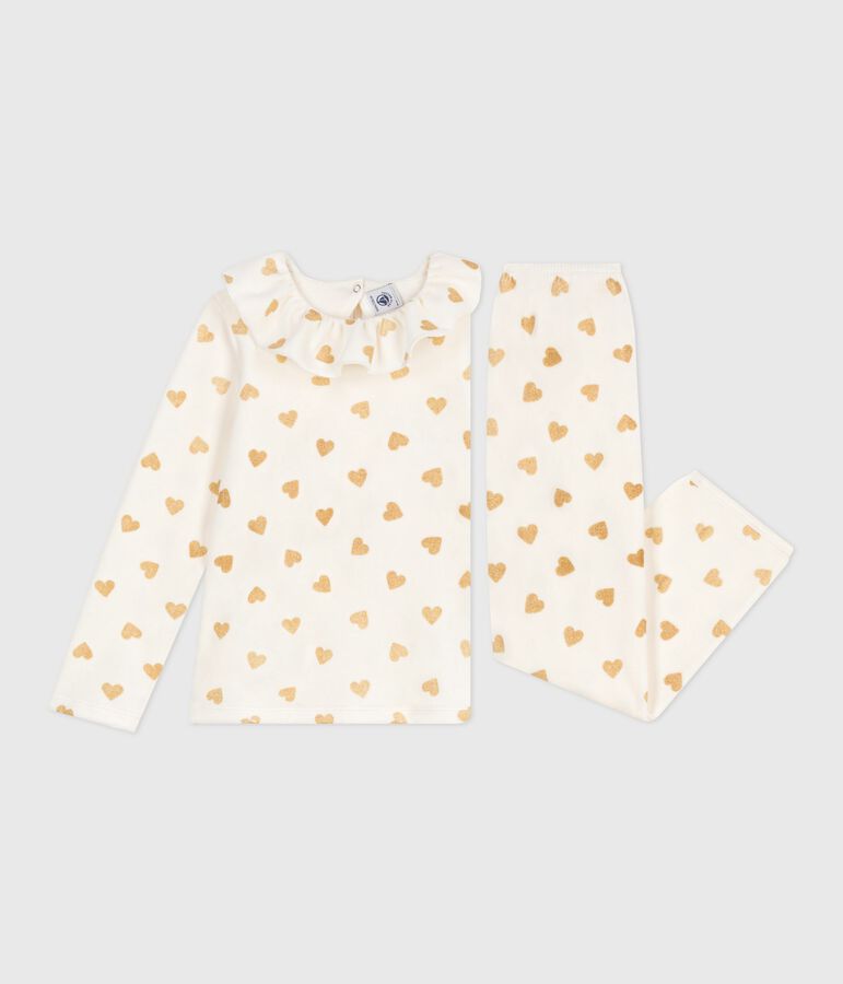 Pijama infantil de terciopelo con estampado de corazones dorados crudo/amarillo