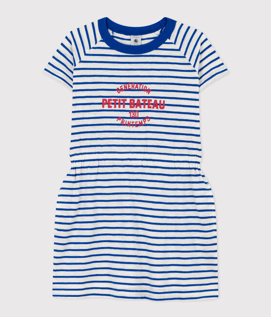 Vestido de punto flameado a rayas para niña blanco MARSHMALLOW/azul PERSE