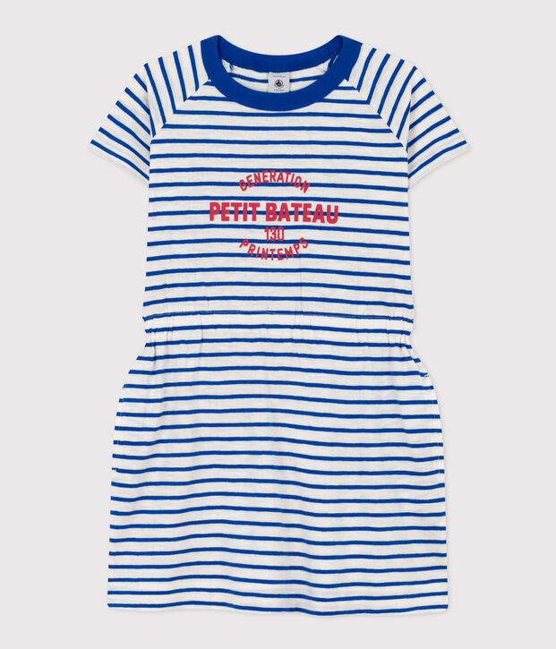 Vestido de punto flameado a rayas para ni&ntilde;a blanco/azul