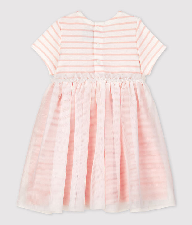 Vestido de dos materiales de manga corta de beb&eacute; ni&ntilde;a blanco/rosa