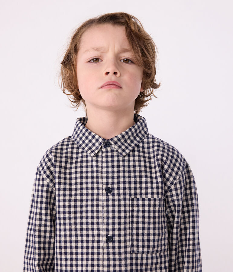 Camisa infantil de algod&oacute;n a cuadros azul/crudo