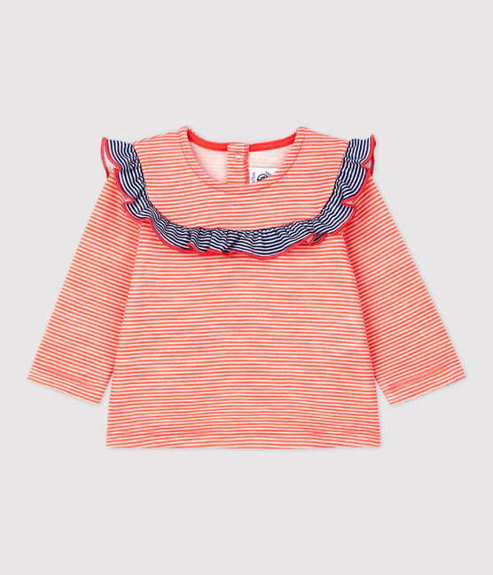Blusa de lana y algodón de bebé naranja OURSIN/blanco MARSHMALLOW
