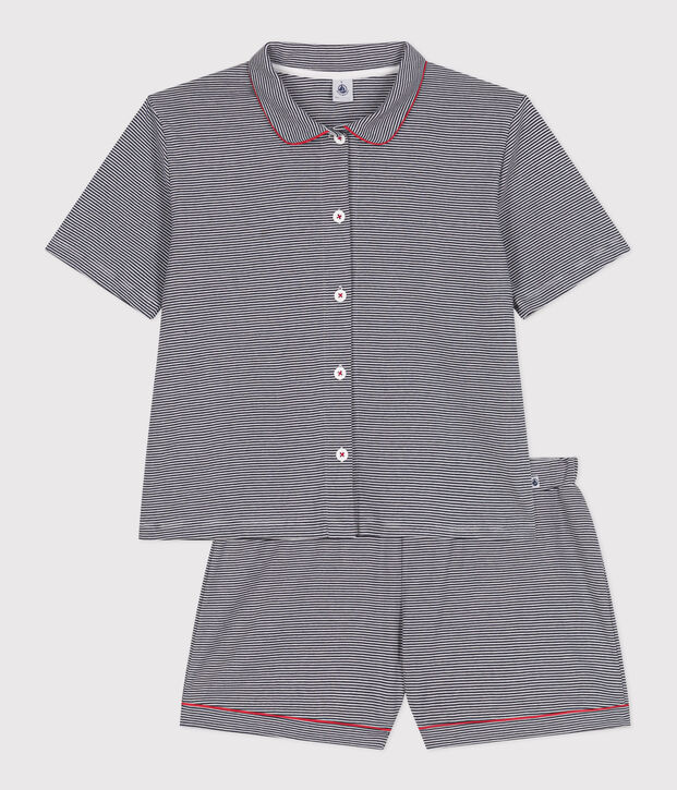 Pijama corto de algod&oacute;n con botones y rayas para mujer azul/blanco