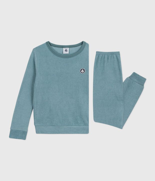 Pijama infantil liso de rizo de algod&oacute;n azul