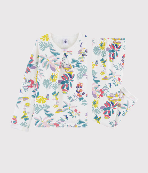Pijama estampado jungla de ni&ntilde;a de tela t&uacute;bica blanco/multicolor
