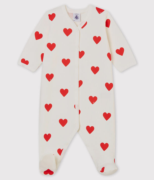 Pelele de punto mulet&oacute;n con corazones rojos para beb&eacute; blanco/rojo