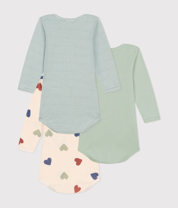 Juego de 3 bodis de algod&oacute;n de manga larga con estampado de tres corazones para beb&eacute; multicolor
