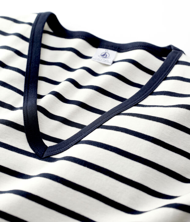 Camiseta LA ICONICA de algod&oacute;n con cuello de pico para mujer blanco/azul