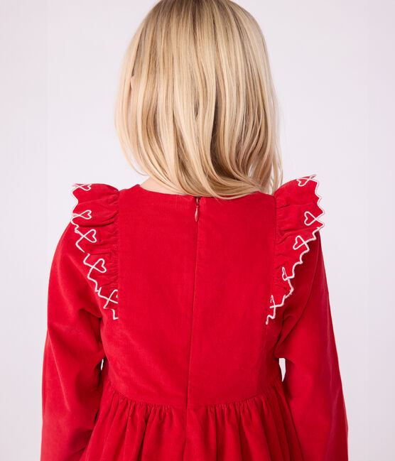 Vestido infantil liso de pana de manga larga rojo TERKUIT
