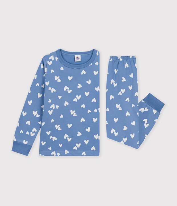 Pijama infantil de mulet&oacute;n con corazones azul/blanco