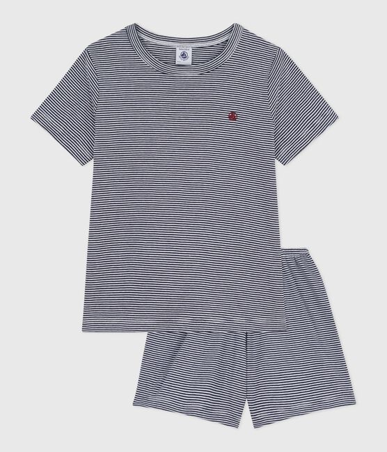 Pijama infantil corto de algodón a rayas azul SMOKING/blanco MARSHMALLOW