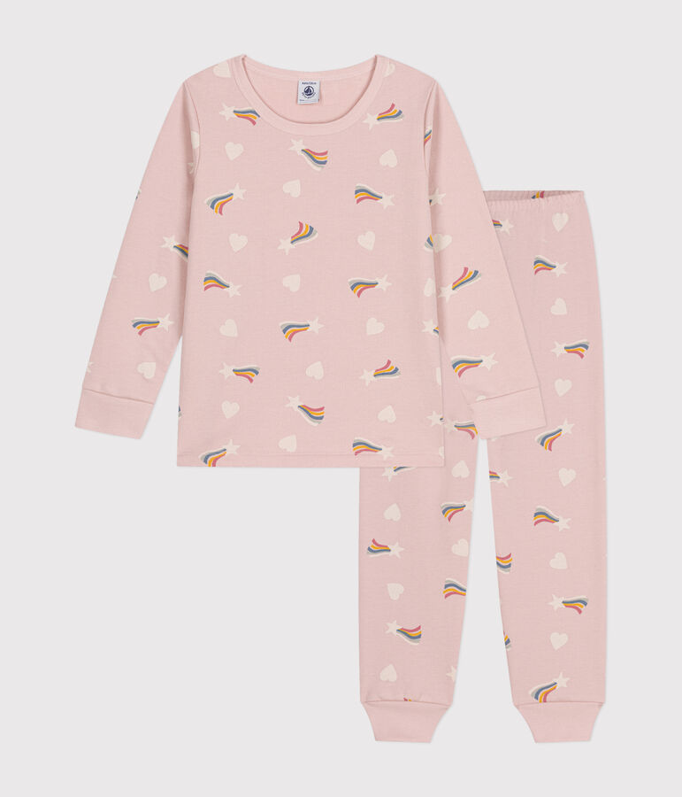 Pijama infantil de felpa cepillada con estampado de estrellas y corazones rosa SALINE/blanco MULTICO