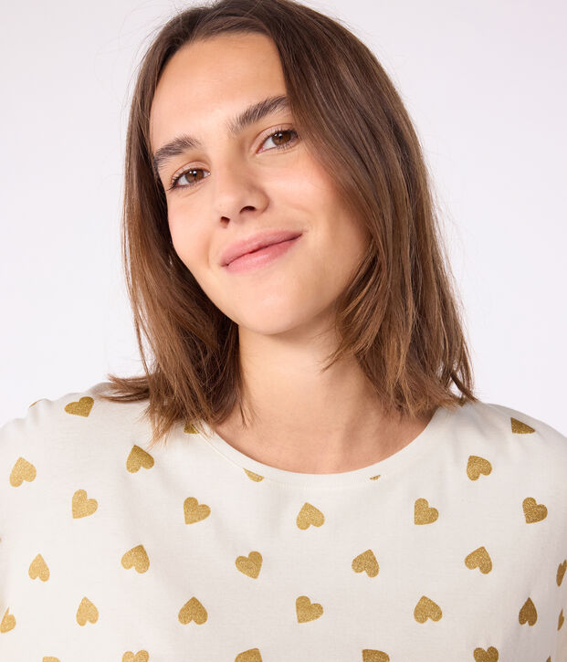 Pijama de mujer de algod&oacute;n con estampado de corazones dorados crudo/amarillo