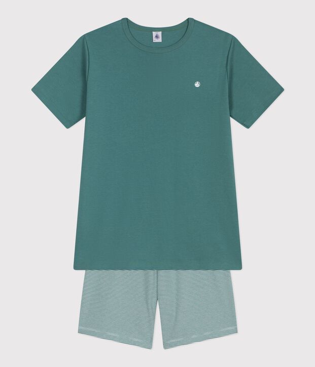 Pijama infantil corto de algod&oacute;n a rayas verde/blanco
