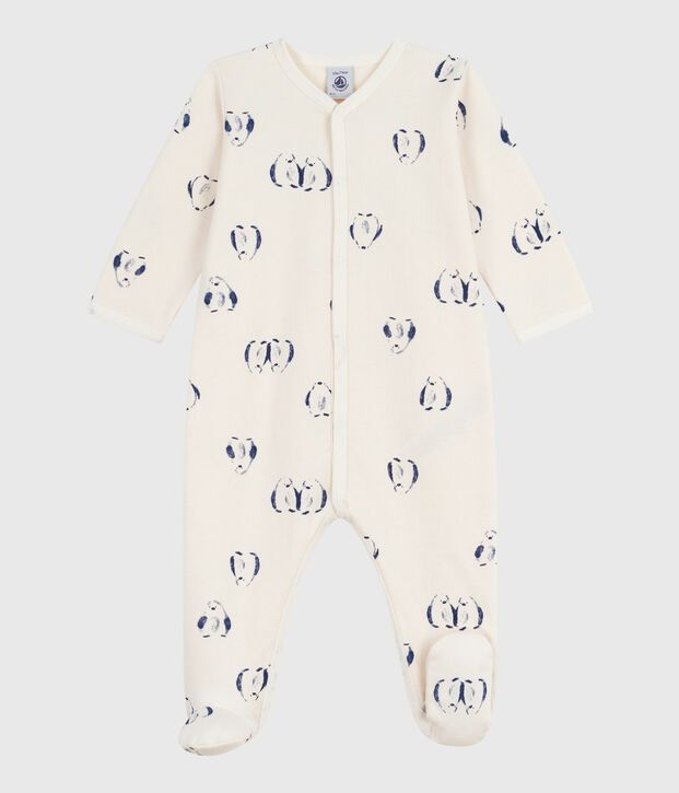 Pijama de beb&eacute; en felpa perchada con estampado animal de ping&uuml;ino y cuello de p&eacute;talos crudo/multicolor