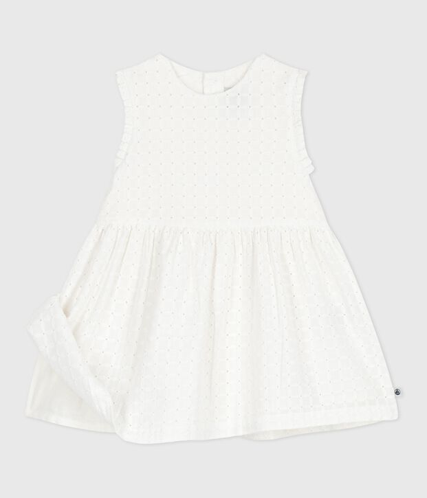 Vestido blanco de algod&oacute;n sin mangas con bordado ingl&eacute;s para beb&eacute; blanco