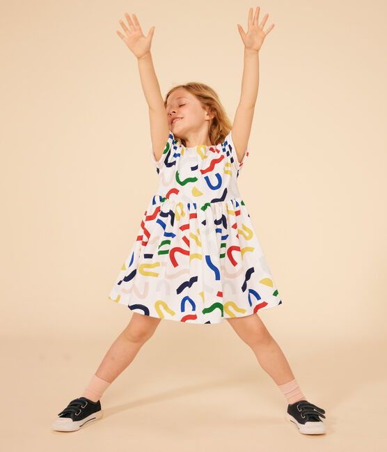 Vestido estampado de manga corta de algodón para niña blanco MARSHMALLOW/blanco MULTICO