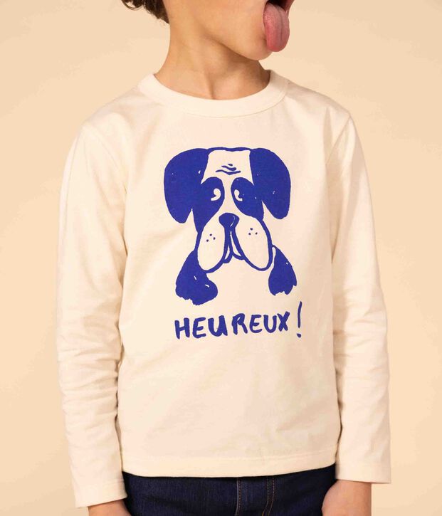Camiseta de algod&oacute;n de manga larga de ni&ntilde;a/ni&ntilde;o crudo/azul