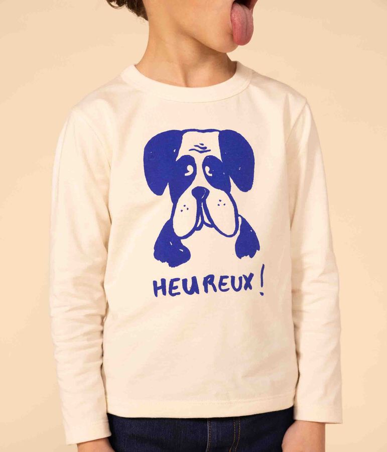 Camiseta de algod&oacute;n de manga larga de ni&ntilde;a/ni&ntilde;o crudo/azul