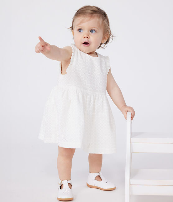 Vestido blanco de algodón sin mangas con bordado inglés para bebé blanco MARSHMALLOW