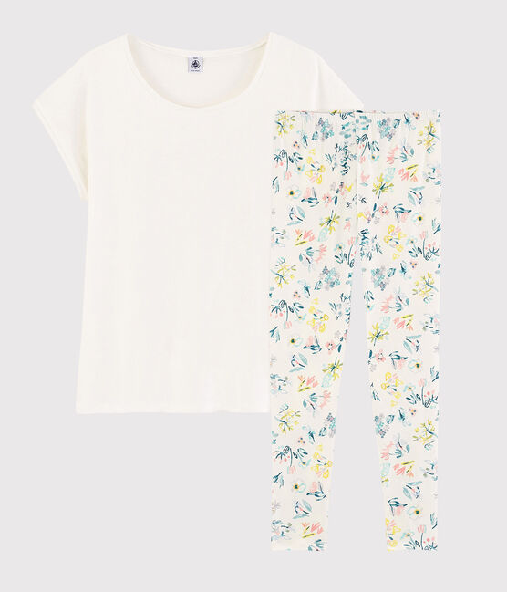 Pijama de flores primaverales de chica/mujer de algodón blanco MARSHMALLOW/blanco MULTICO