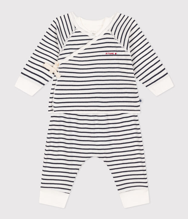 Conjunto de 3 piezas a rayas de algod&oacute;n de beb&eacute; blanco/azul