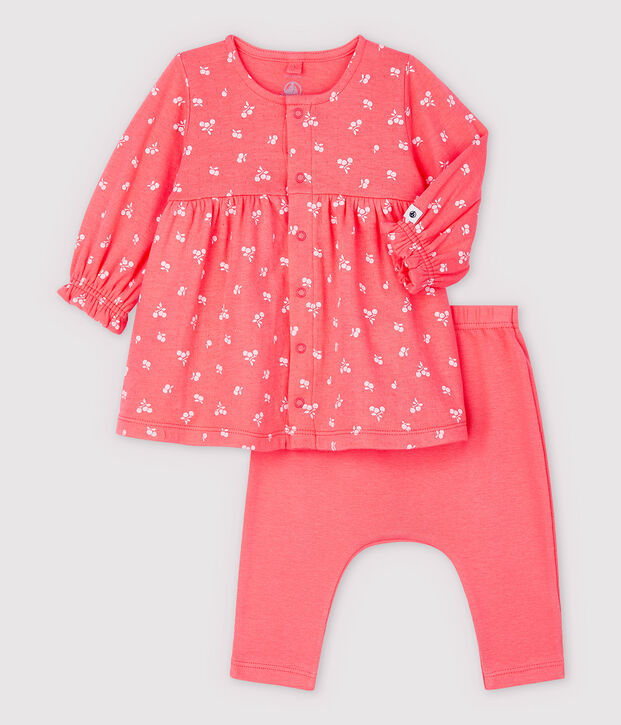 Vestido-leggings de cerezas de tejido tubular de algod&oacute;n ecol&oacute;gico de beb&eacute; naranja/rosa