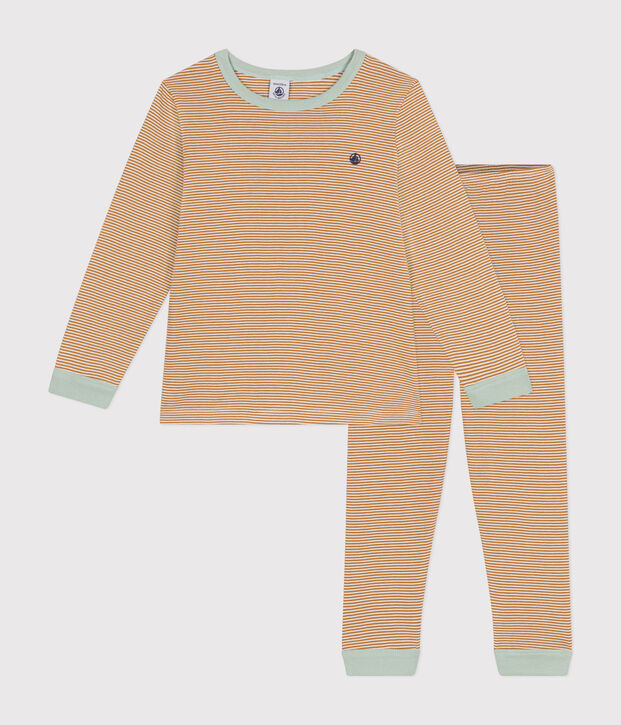 Pijama infantil de algod&oacute;n a rayas marron/blanco