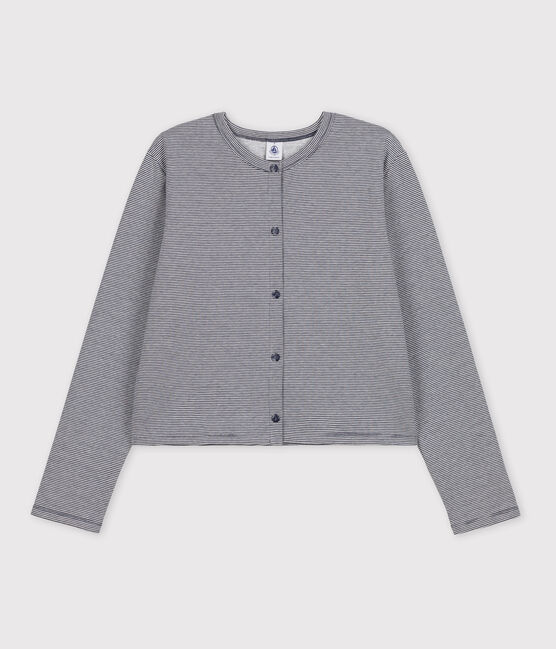 Cárdigan de algodón grueso con botones de presión para mujer azul SMOKING/blanco MARSHMALLOW