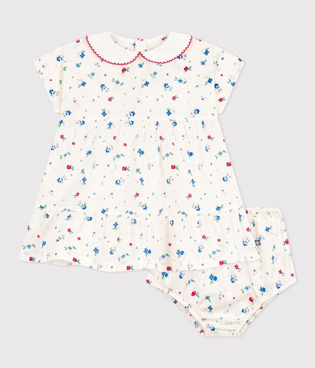 Vestido de algod&oacute;n de manga corta y pololo con estampado de flores para beb&eacute; blanco/multicolor
