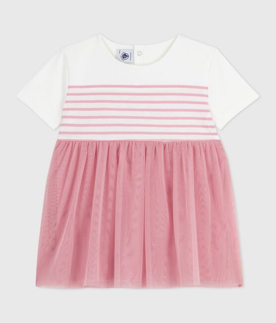 Vestido de manga corta de algodón y tul con parte superior a rayas para bebé blanco MARSHMALLOW/rosa CHARME