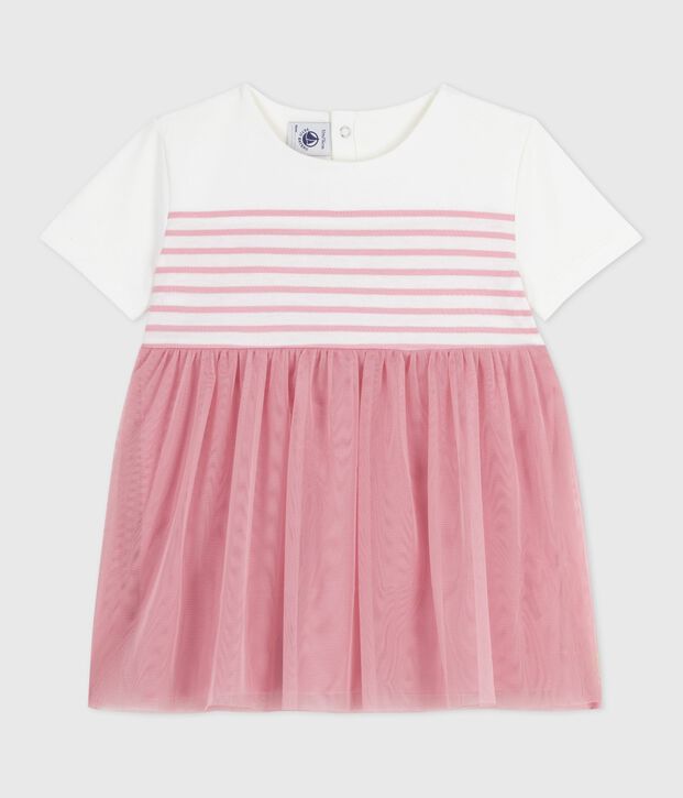 Vestido de manga corta de algod&oacute;n y tul con parte superior a rayas para beb&eacute; blanco/rosa