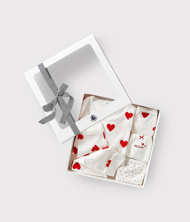 Estuche regalo con pijama y braguita de algod&oacute;n con estampado de corazones rojos multicolor