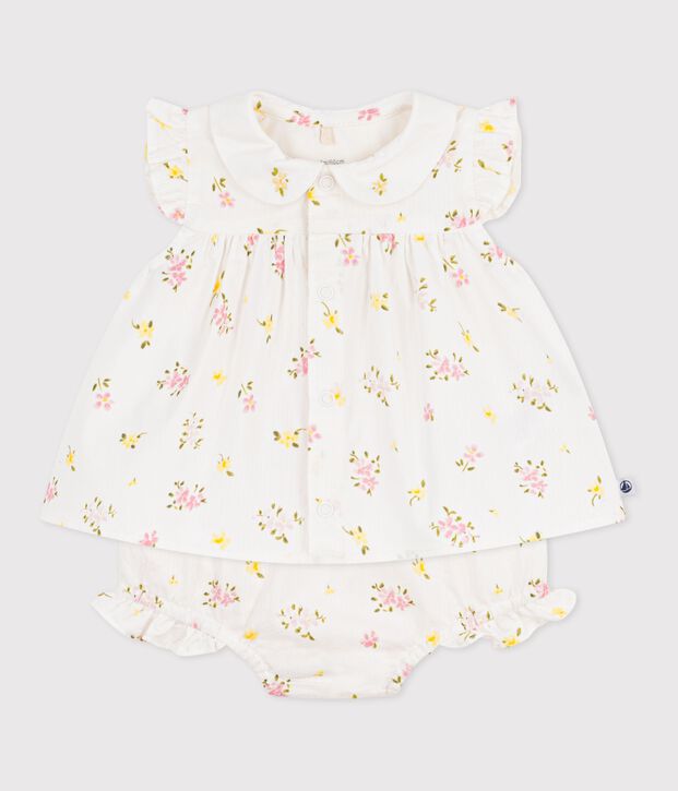 Conjunto de 2 piezas de algod&oacute;n con blusa y pololo estampados de flores para beb&eacute; blanco/multicolor