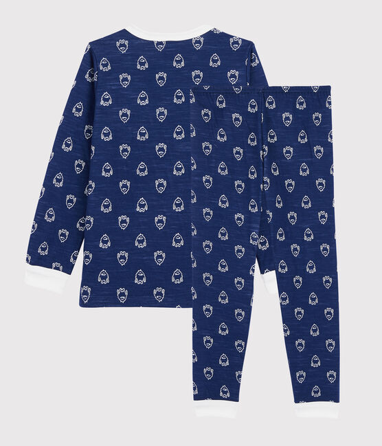 Pijama de jacquard con yeti de lana y algodón para niño pequeño azul MEDIEVAL/blanco MARSHMALLOW