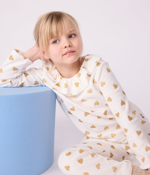 Pijama infantil de terciopelo con estampado de corazones dorados crudo/amarillo