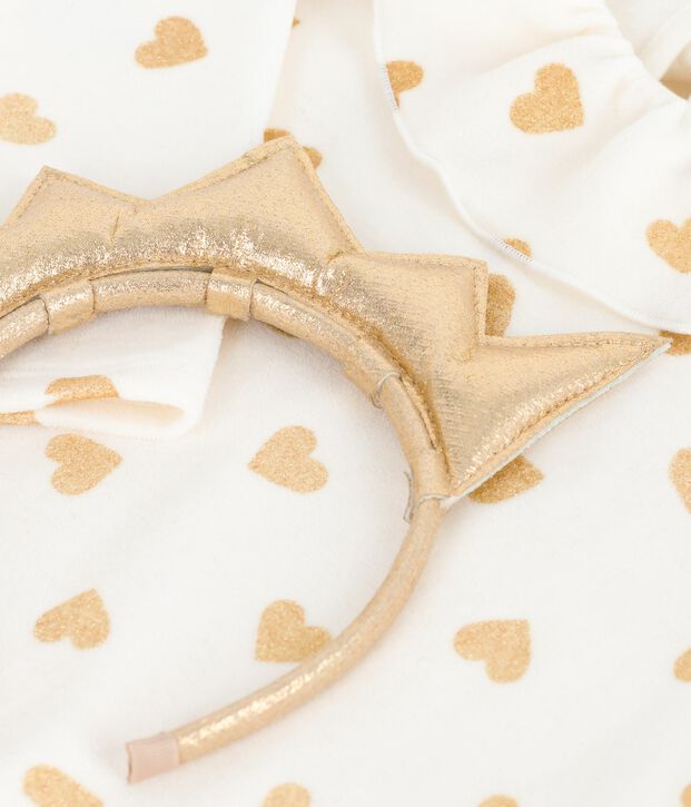 Camis&oacute;n disfraz infantil de terciopelo con estampado de corazones dorados crudo/amarillo