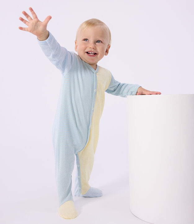 Pijama de algod&oacute;n con estampado de rayas para beb&eacute; azul/blanco