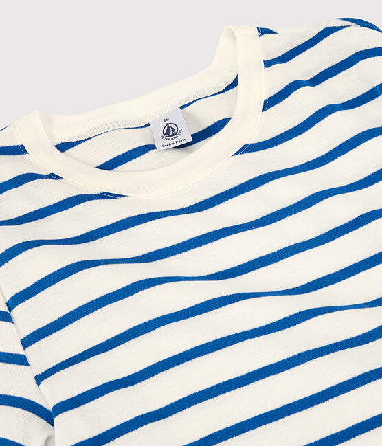 Camiseta L'ICONIQUE con cuello redondo de algodón orgánico de mujer blanco MARSHMALLOW/azul DELFT