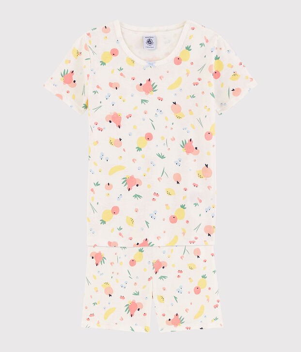Pijama corto snugfit con estampado de frutas de verano de algod&oacute;n ecol&oacute;gico de ni&ntilde;a blanco/multicolor
