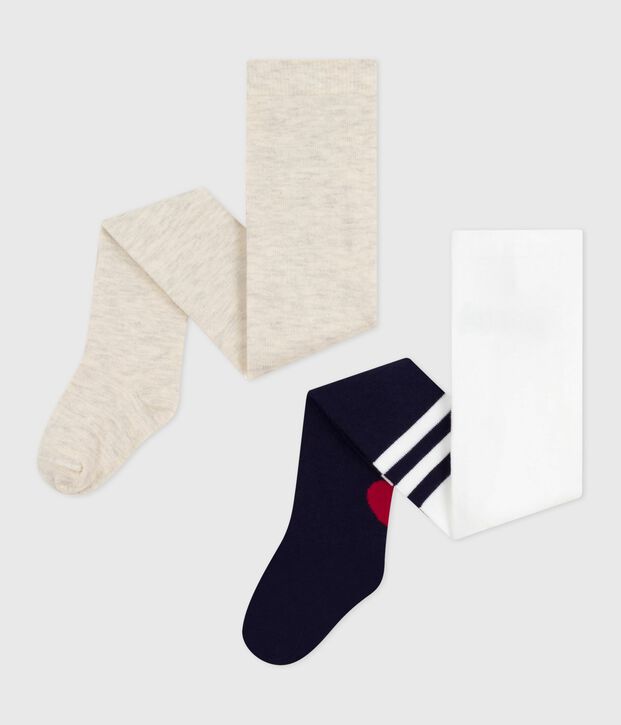 Juego de 2 leotardos de algod&oacute;n lisos y con estampado de coraz&oacute;n para beb&eacute; azul/beige