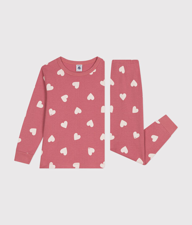 Pijama infantil de algod&oacute;n con estampado de coraz&oacute;n rosa/blanco