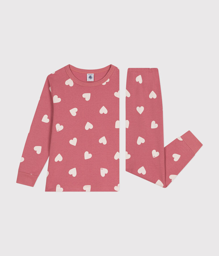 Pijama infantil de algod&oacute;n con estampado de coraz&oacute;n rosa/blanco