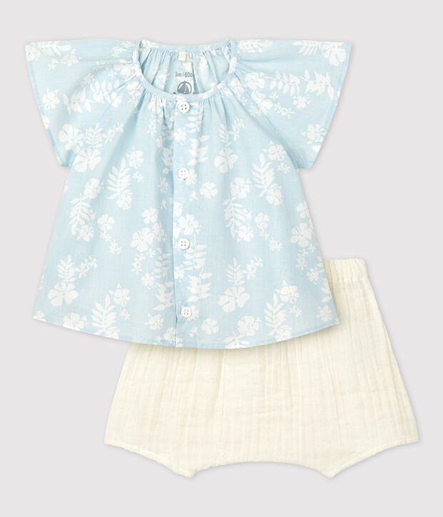 Conjunto de dos piezas con estampado hawaiano de popelina ecol&oacute;gica de beb&eacute; azul/blanco